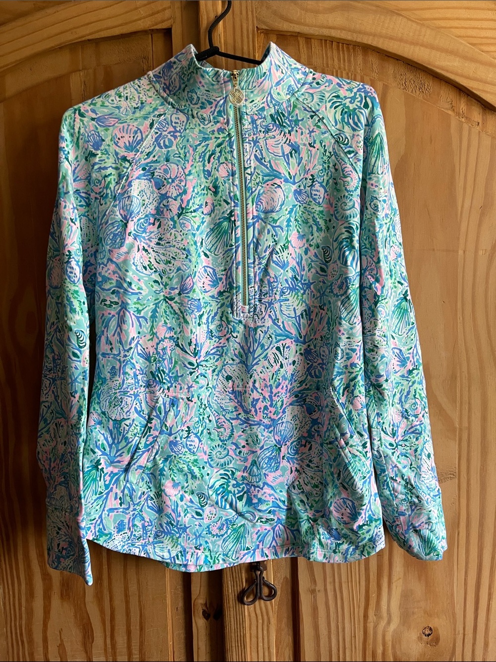 Lilly Pulitzer Mint, Light Blue & Pink Seashell Printed Quarter-Zip Pullover